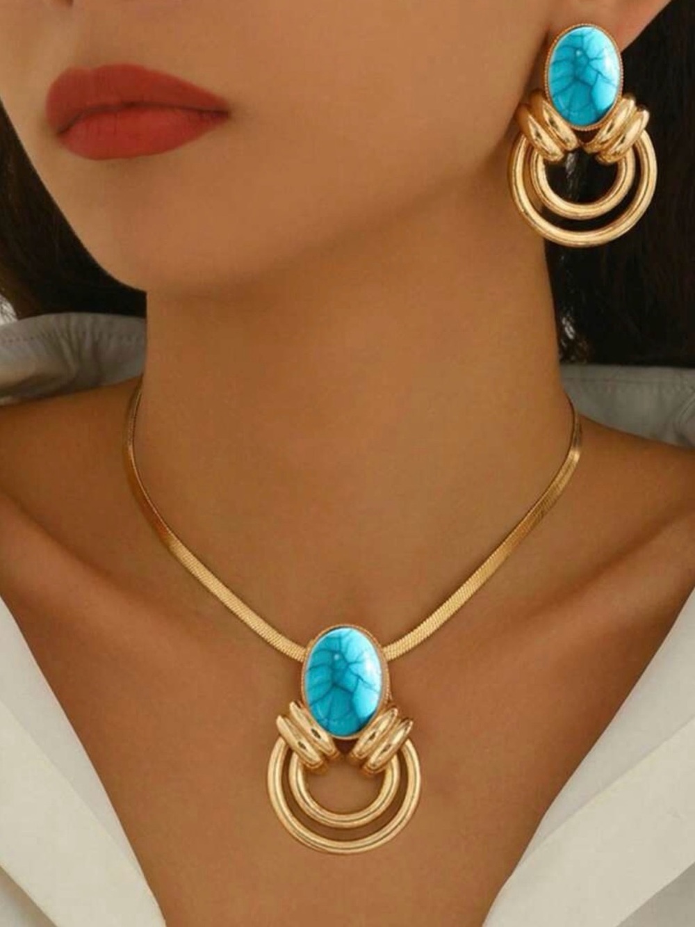 Gold Necklace and Earring Set with Turquoise Stone - Women Jewelry